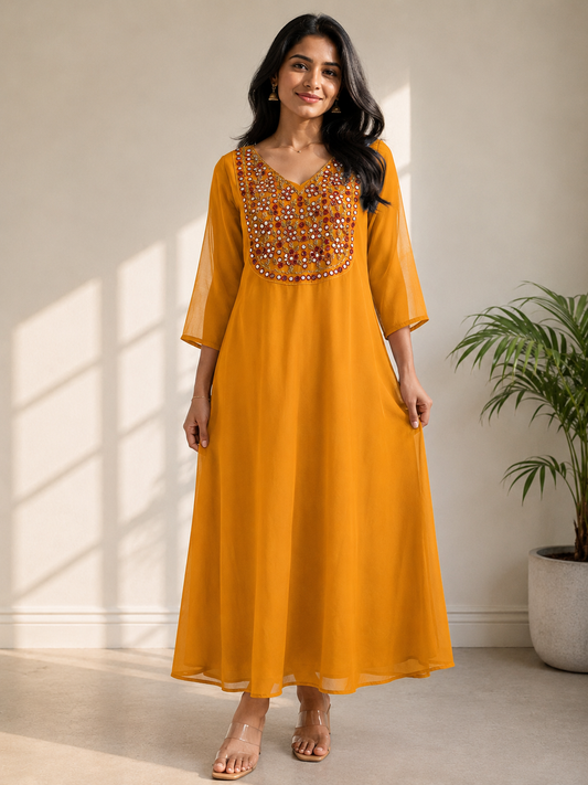 Vibrant Mustard Georgette Kurti with Intricate Mirror & Bead Work