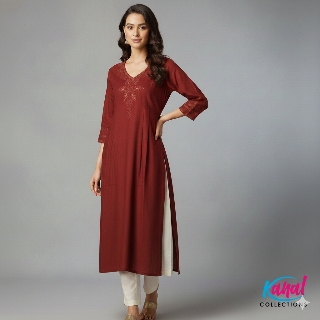 Elegant Maroon Embroidered Side-Cut Kurti