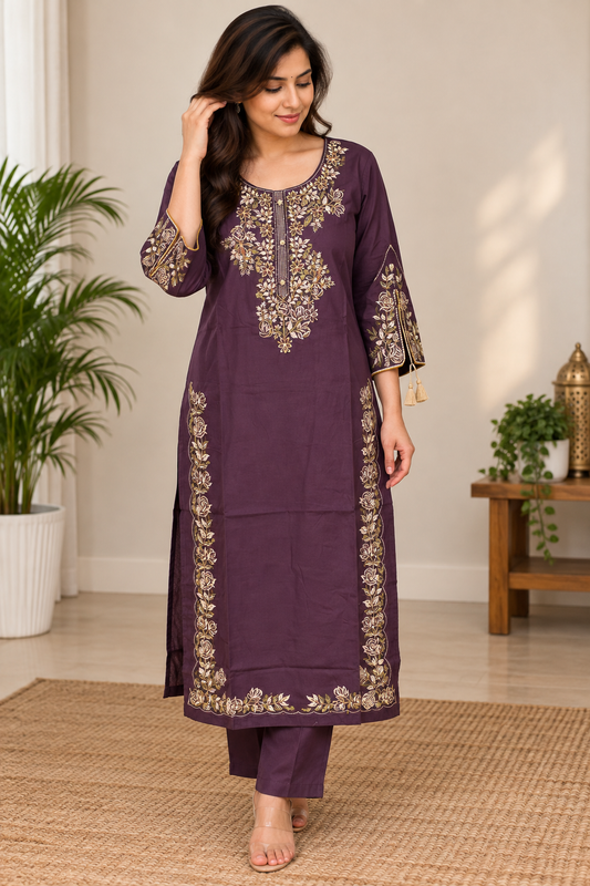 Deep Purple Embroidered Cotton Co-ord Set with Designer Sleeves