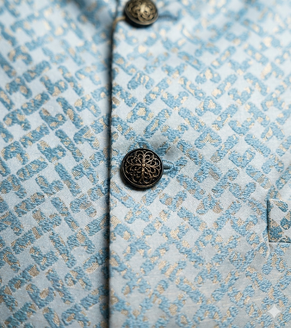 Sky Blue & Gold Geometric Jacquard Modi Jacket