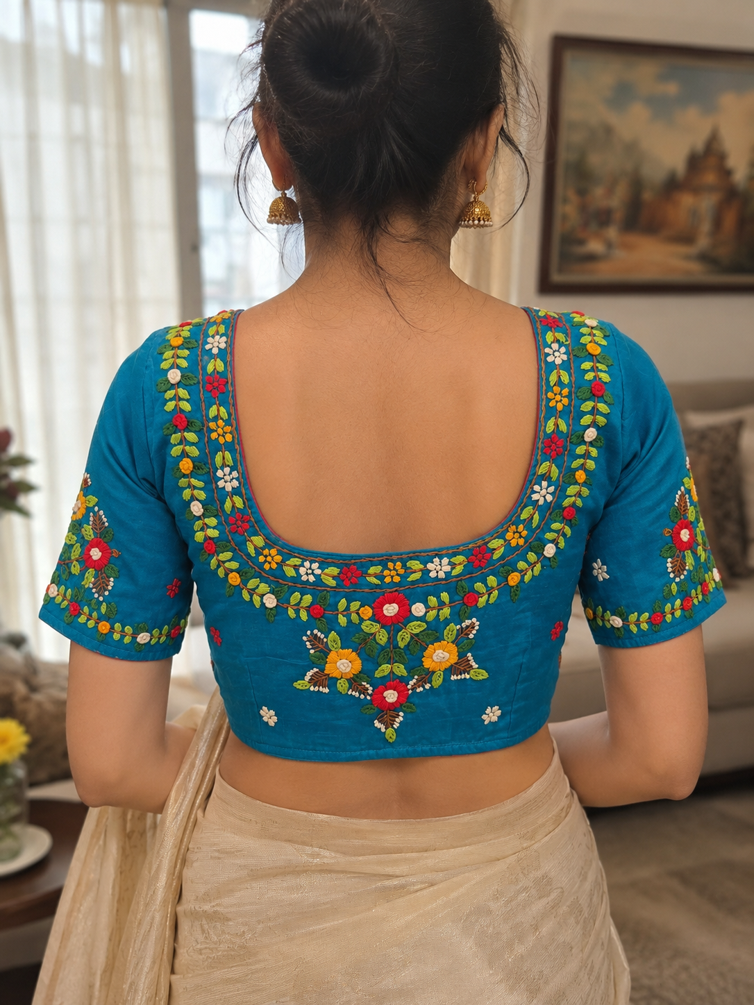 Royal Blue Hand-Embroidered Cotton Silk Saree Blouse