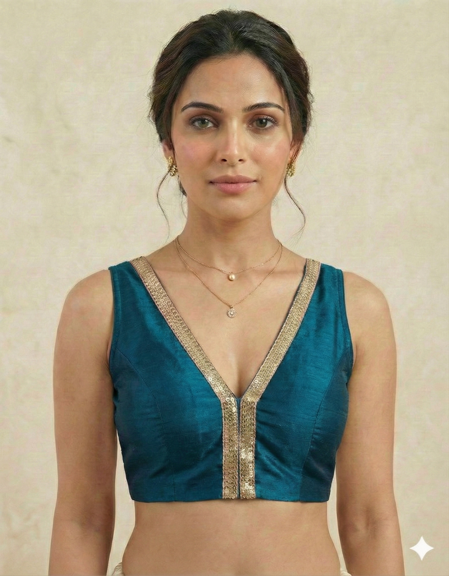 V-Neck Saree Blouse with Attached Sleeves  (Size 38 + Margin)