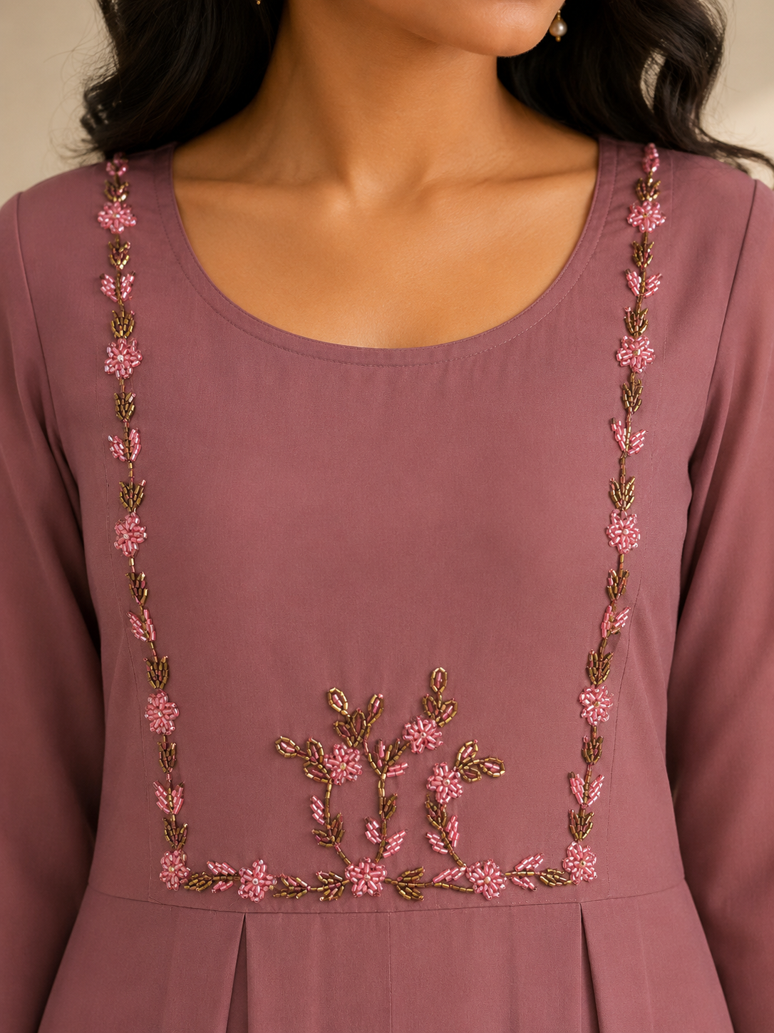 Graceful Dusty Rose Georgette Kurti with Delicate Floral Embroidery