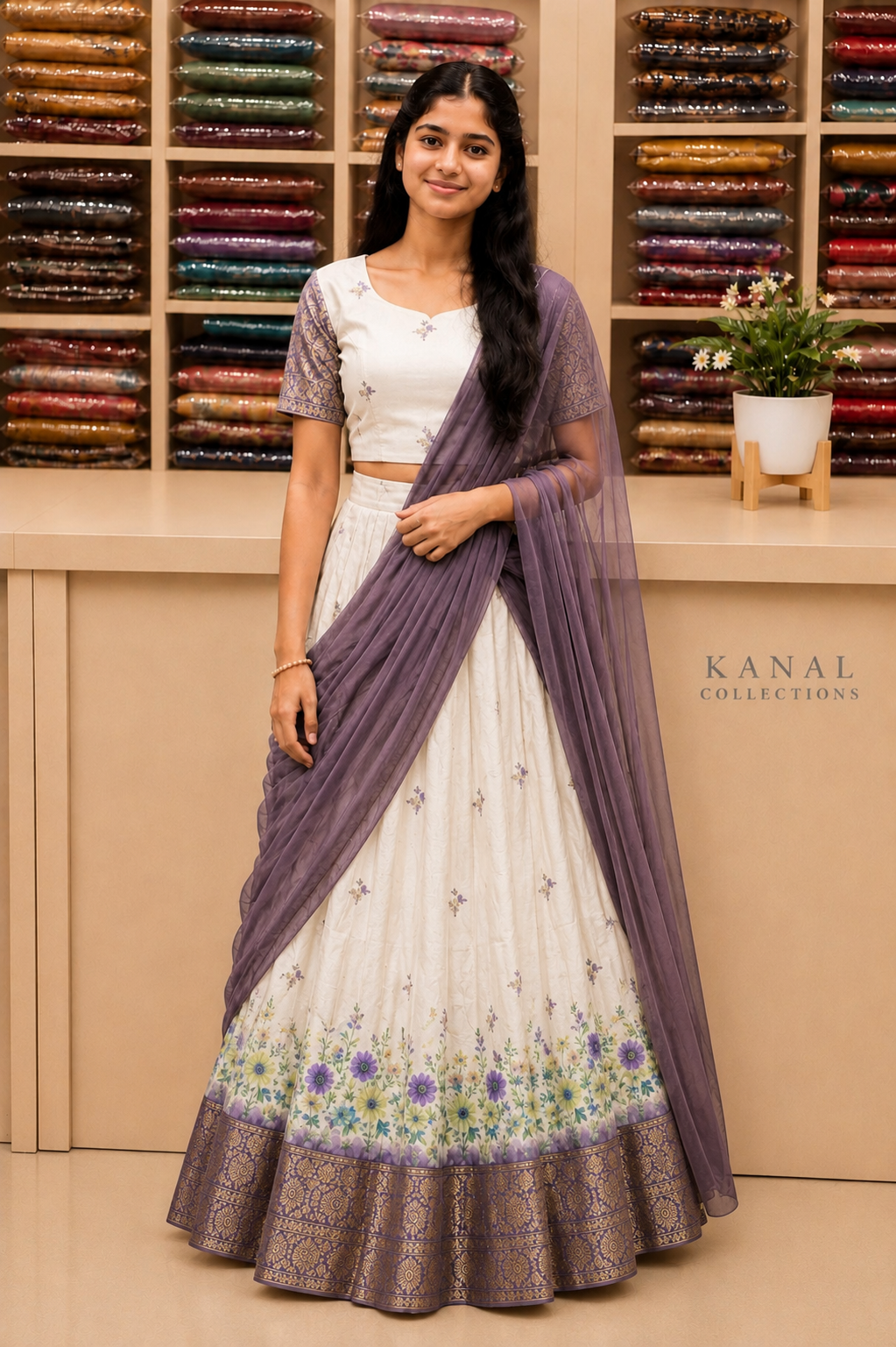 Model wearing Dhavani or  an floral lehenga set with a dupatta, perfect for Onam celebrations in Australia. Available at Kanal Collections, Brisbane.