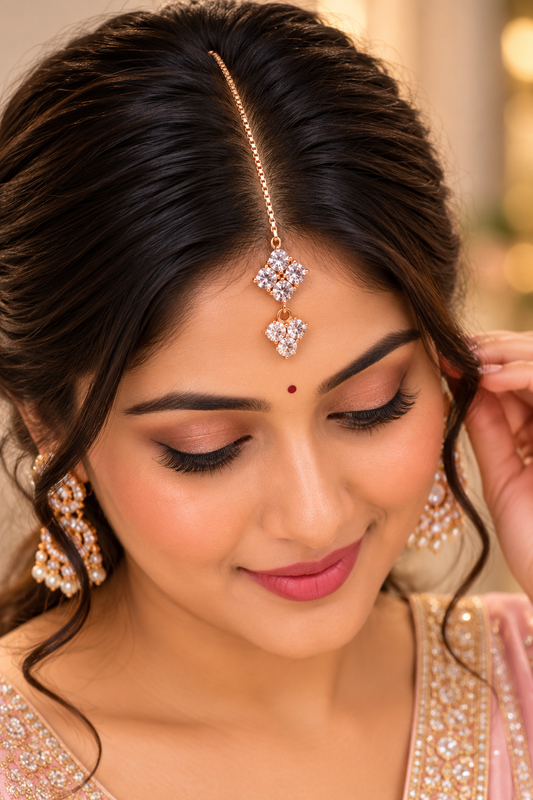 Rose Gold Crystal Maang Tikka – Elegant Indian Festive Jewellery