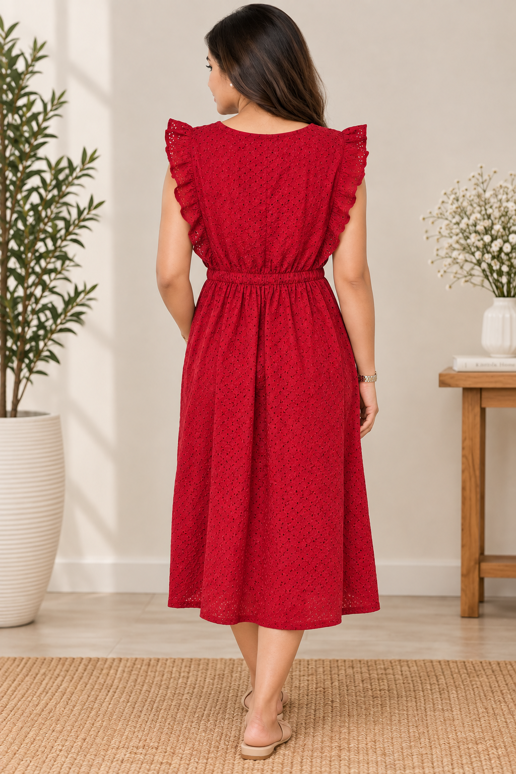 Red Embroidered Eyelet Midi Dress