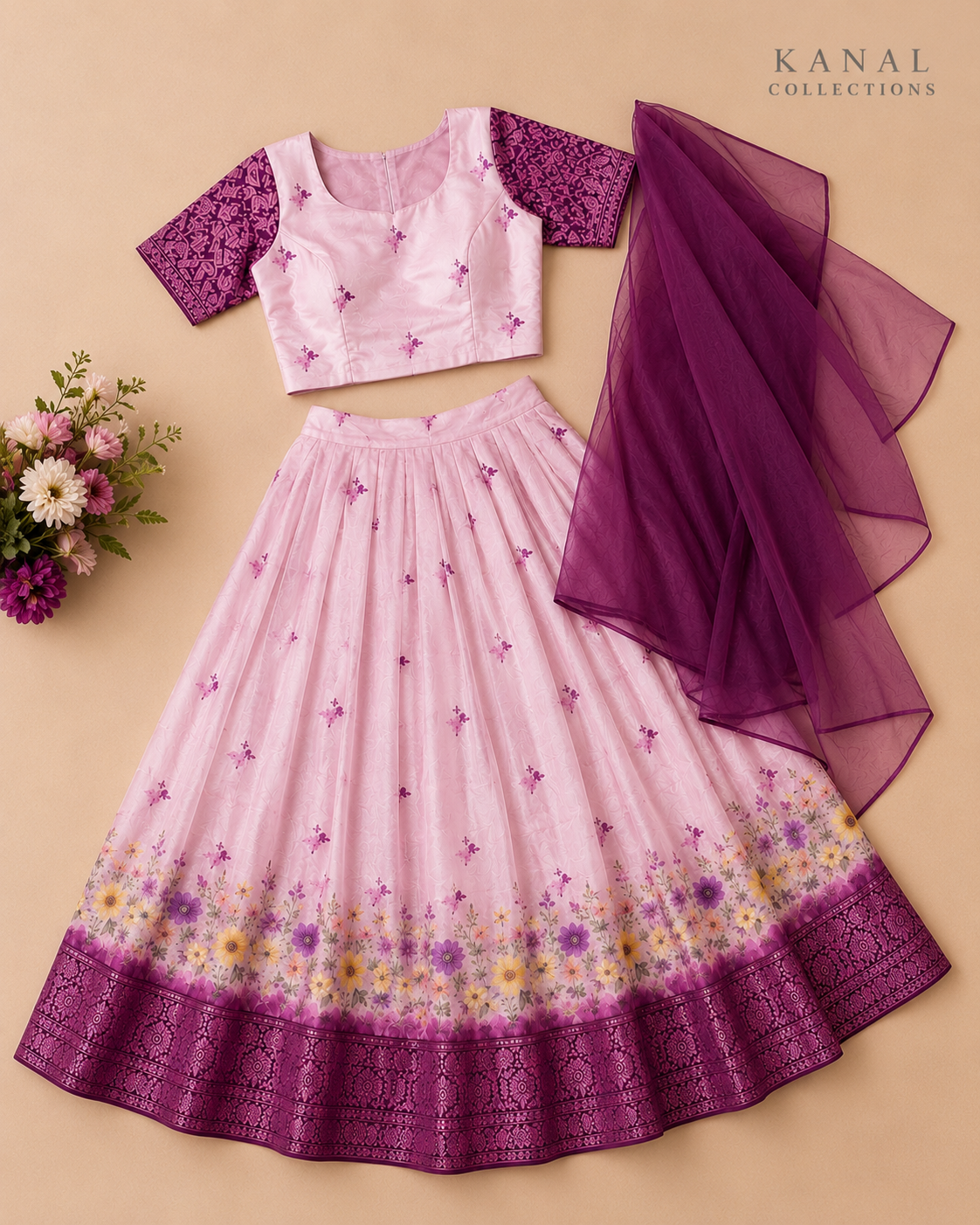 Girls Pink Floral Dhavani/ Lehenga Choli with Purple Dupatta | Traditional Ethnic Wear | Kanal Collections