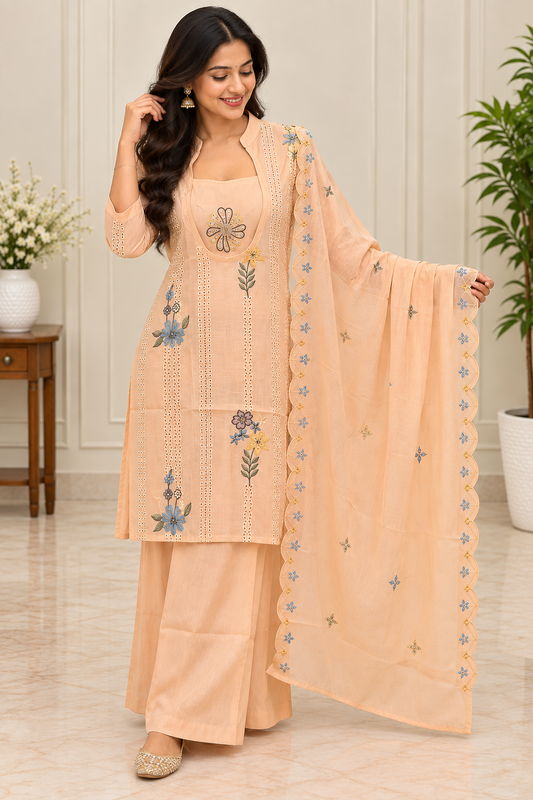 Peach Embroidered Cotton Salwar Suit Set with Scalloped Dupatta A1353