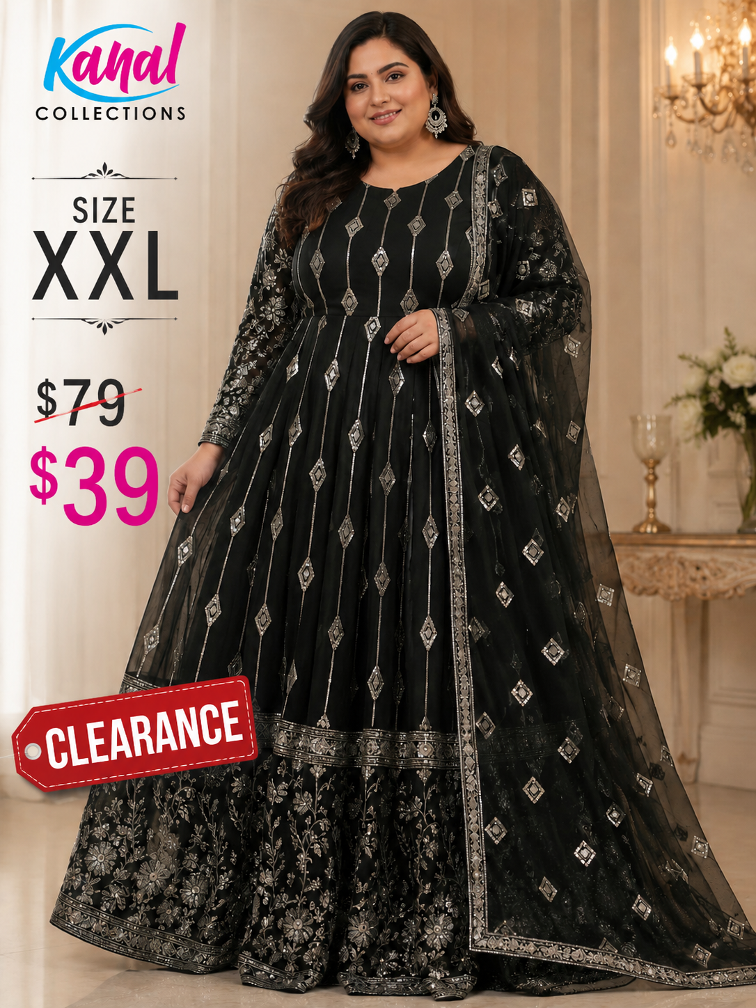 Front view of a Kanal Collections plus size XXL deep green Anarkali gown with silver diamond embroidery, sheer full sleeves, a heavily detailed floral border, and a matching dupatta on sale for thirty-nine dollars.