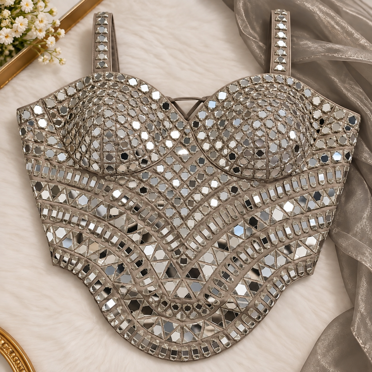 Premium Taupe Mirror Work Corset Blouse | Adjustable 38–44