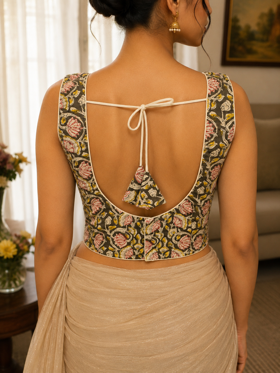 Kalamkari Floral Print Padded Sleeveless Saree Blouse