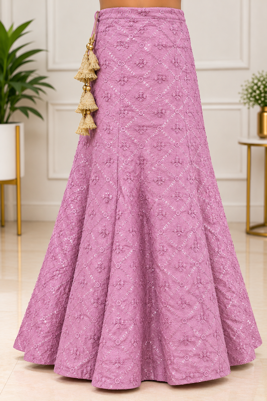 Onion Pink Embroidered Lehenga Skirt with Gold Latkan