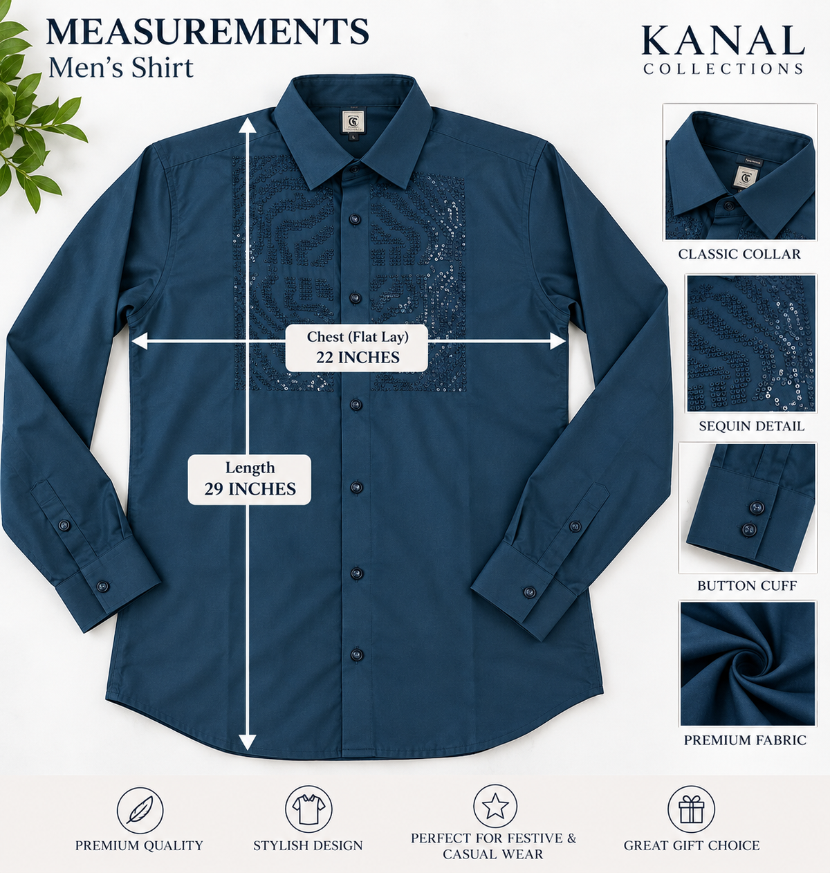 Men’s Teal Blue Embroidered Sequin Shirt | Long Sleeve