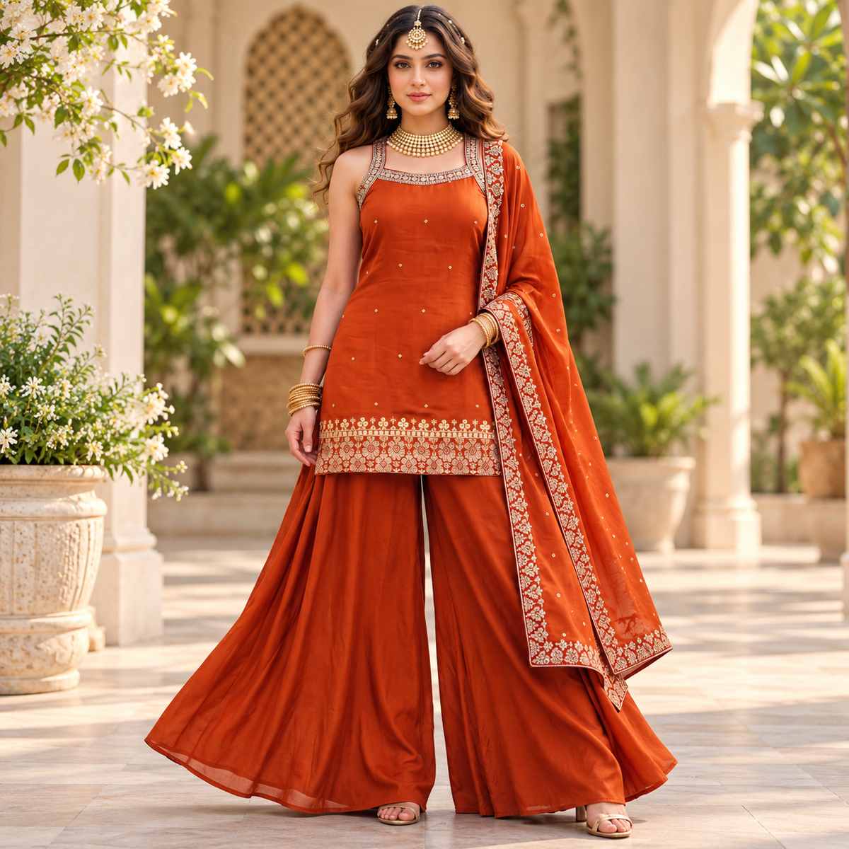 Rust Orange Vichitra Silk Salwar Suit Set – L & XL