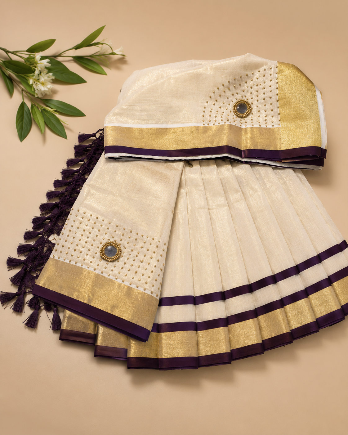 Kerala Dhavani Set with Fully Stitched Skirt & Front Hook Blouse – Cream & Purple | Kanal Collections Australia