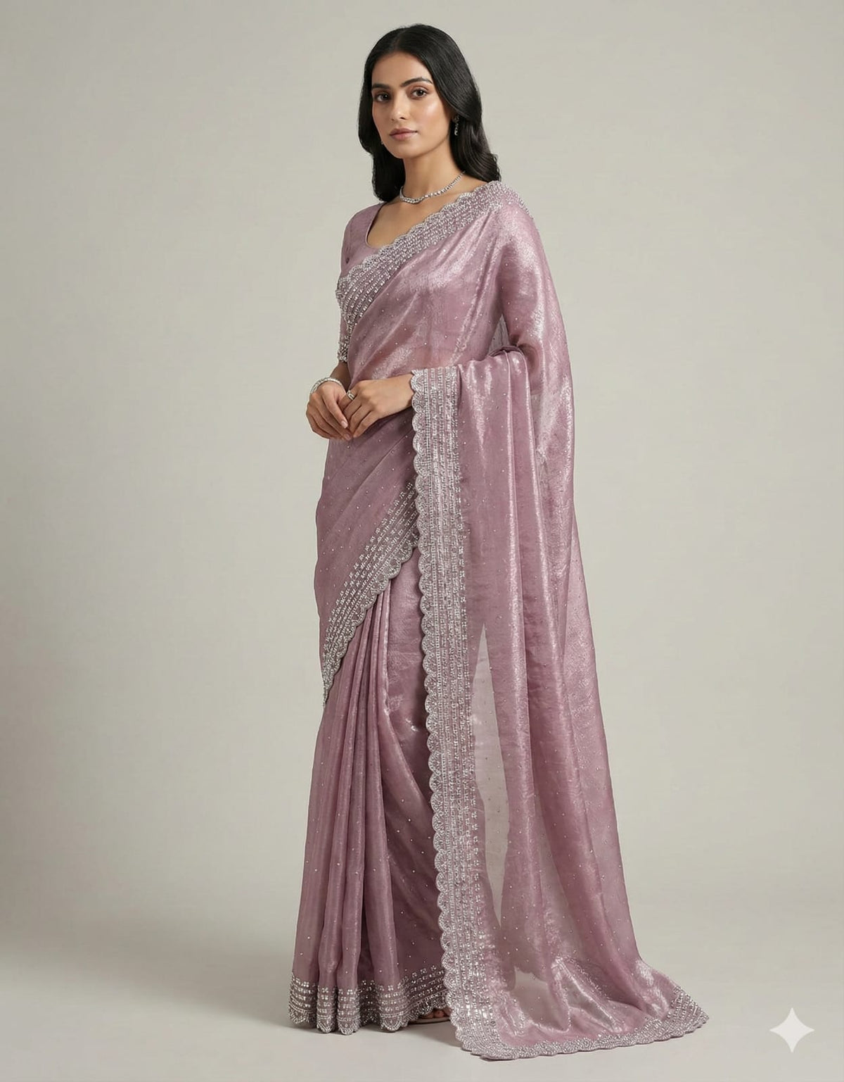 Rose Lavender Jimmy Choo Silk Saree with Handcrafted Beadwork