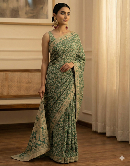 Moss Green Floral Mulmul Cotton Saree
