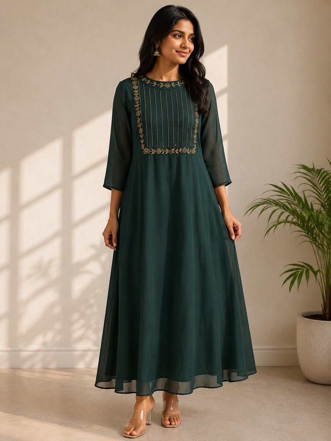 Sophisticated Bottle Green Georgette Kurti with Elegant Bugle Bead Work