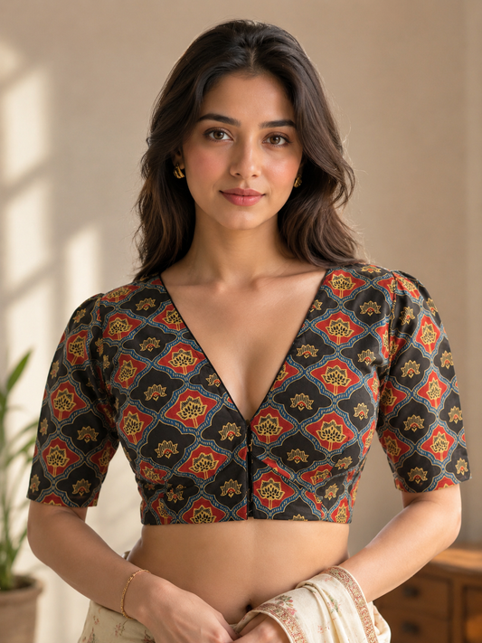 Elegant Ajrakh Print V-Neck Cotton Blouse
