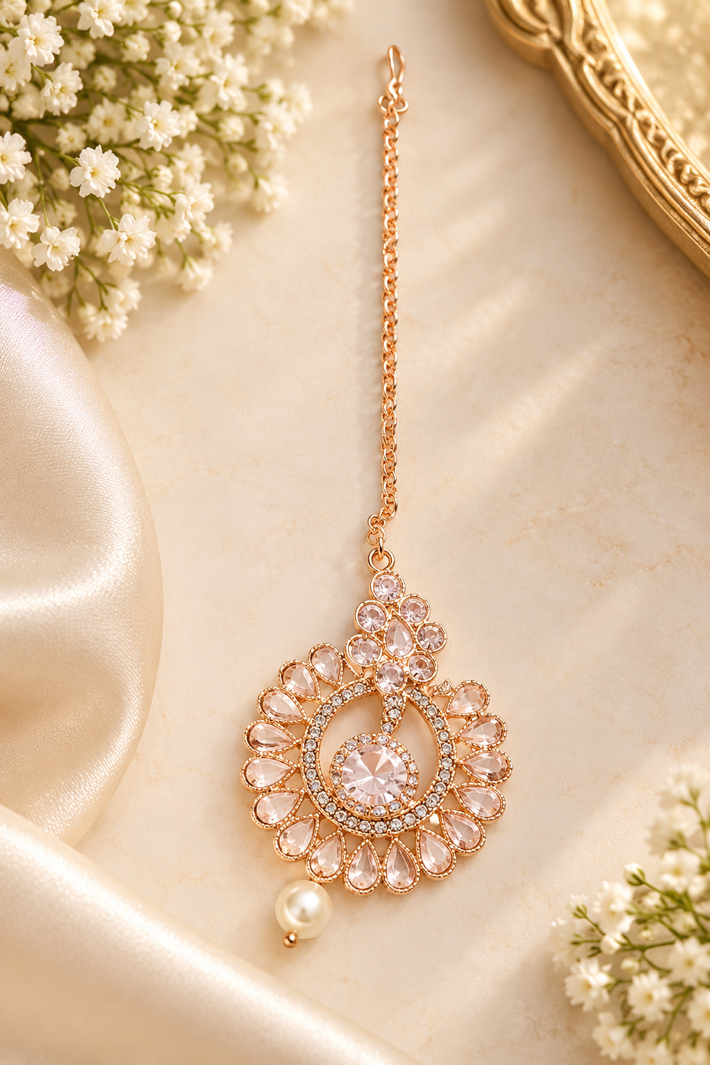 Rose Gold Crystal Maang Tikka with Pearl Drop