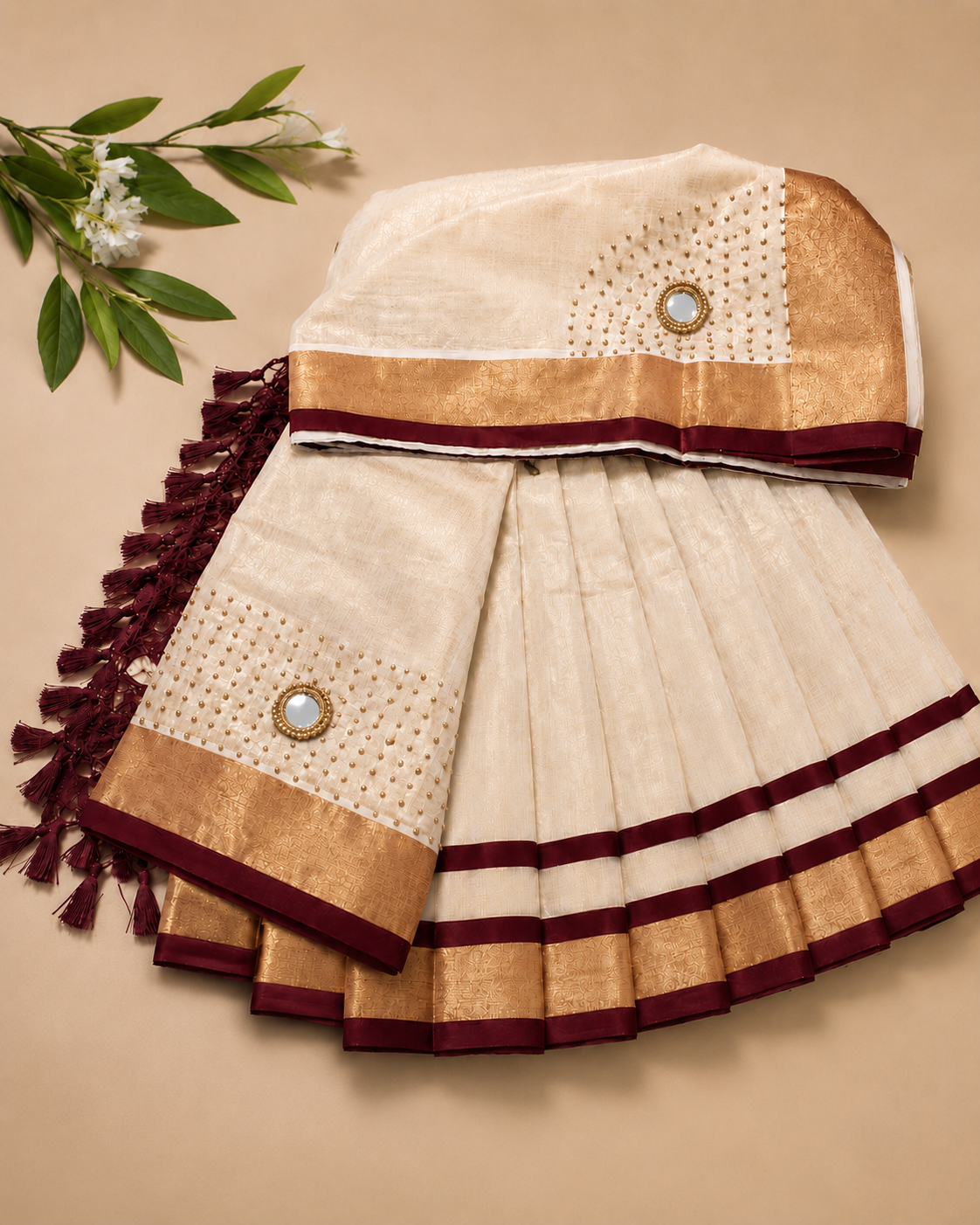 Maroon & Ivory Premium Dhavani Set | Fully Stitched Traditional Half Saree | Ready to Wear