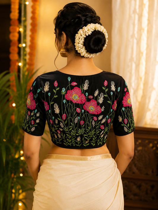 Midnight Black Embroidered Saree Blouse