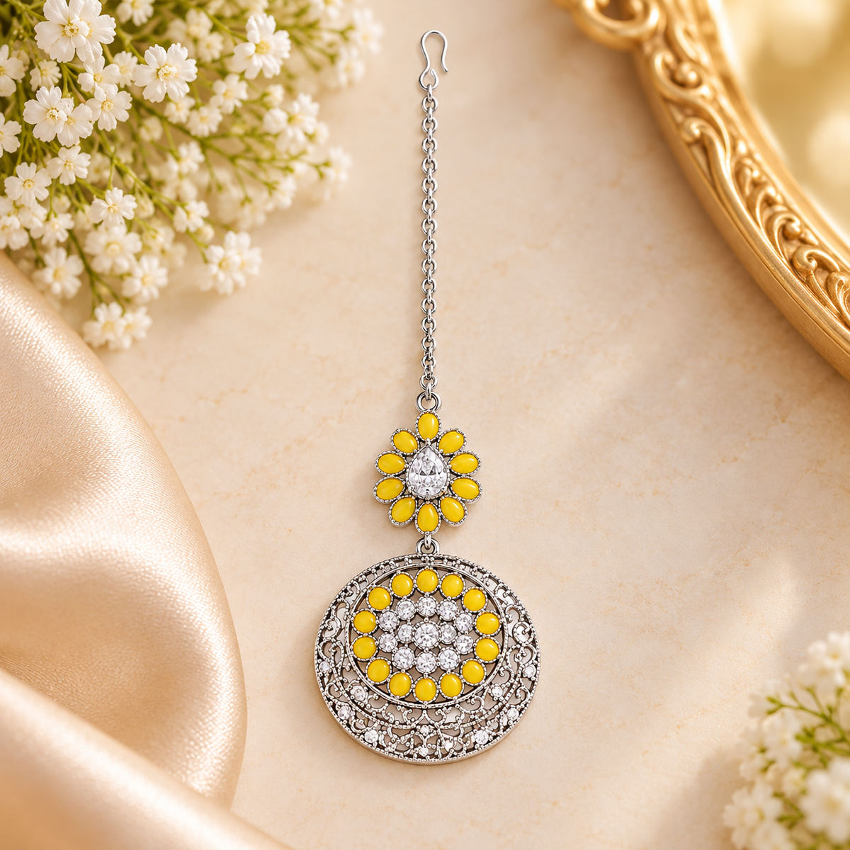 Silver and Yellow Stone Maang Tikka – Traditional Indian Jewellery