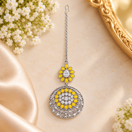 Silver and Yellow Stone Maang Tikka – Traditional Indian Jewellery