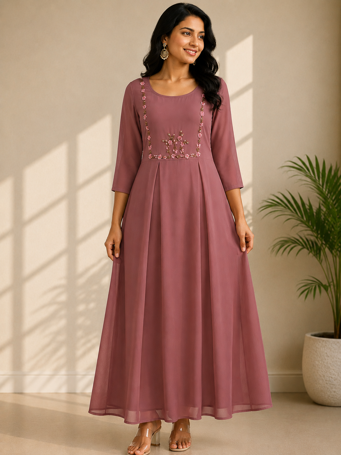 Graceful Dusty Rose Georgette Kurti with Delicate Floral Embroidery