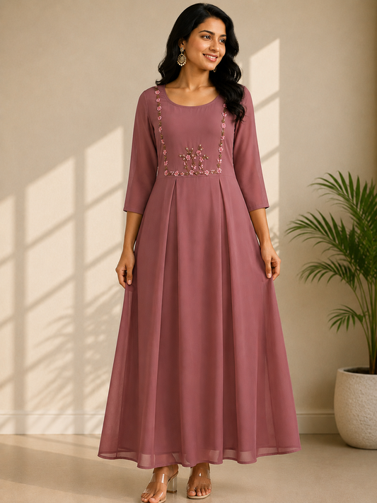 Graceful Dusty Rose Georgette Kurti with Delicate Floral Embroidery