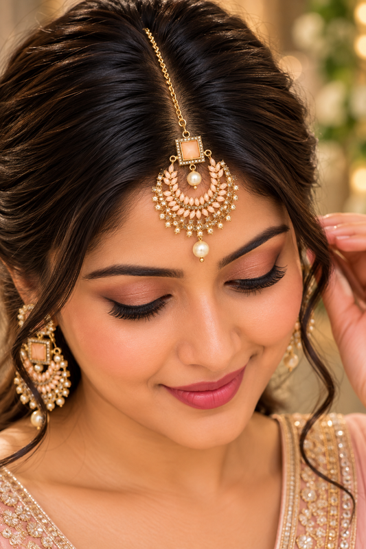 Peach Stone Gold Maang Tikka with Pearl Drops – Bridal Jewellery
