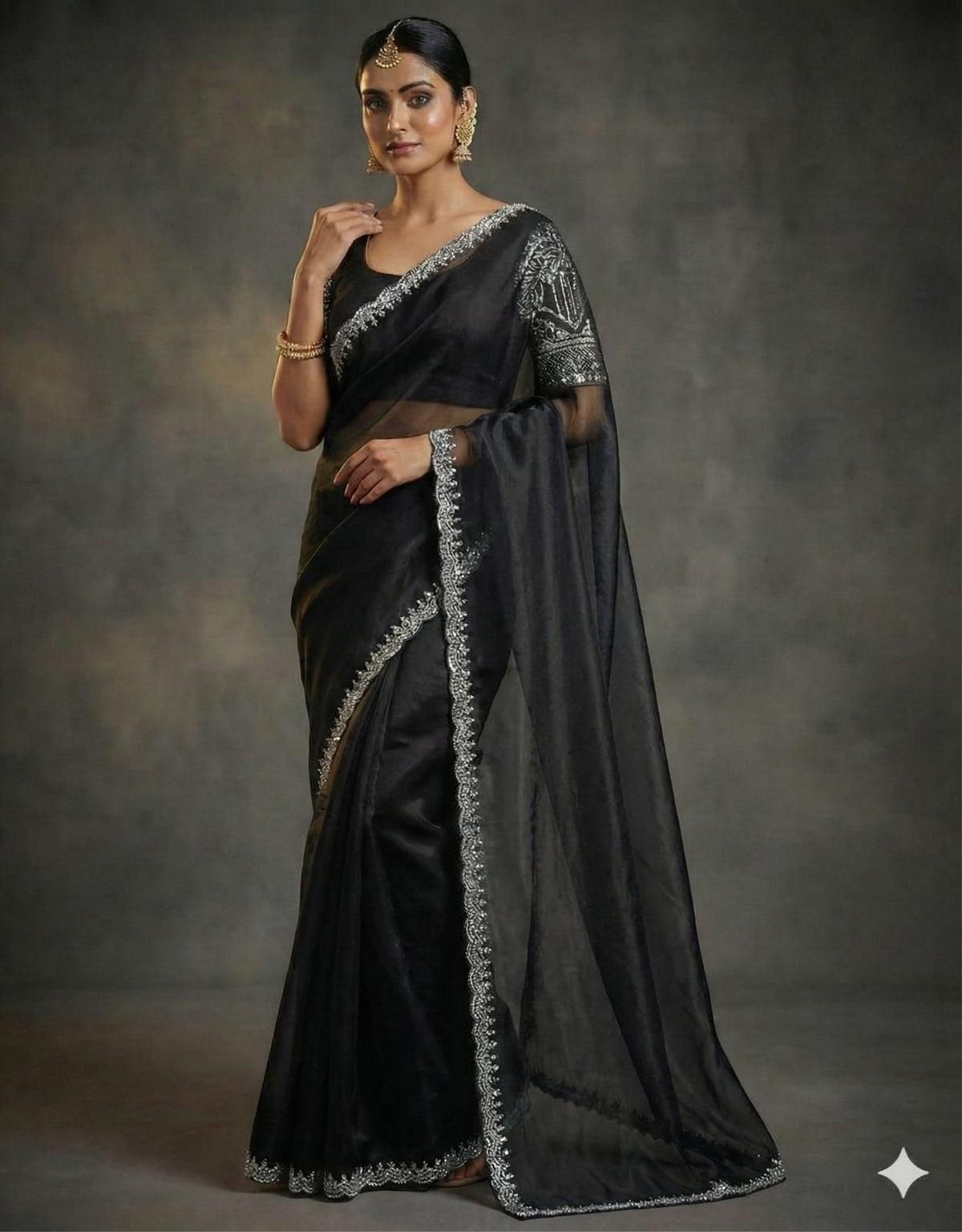 Midnight Elegance: Hand-Embellished Organza Saree